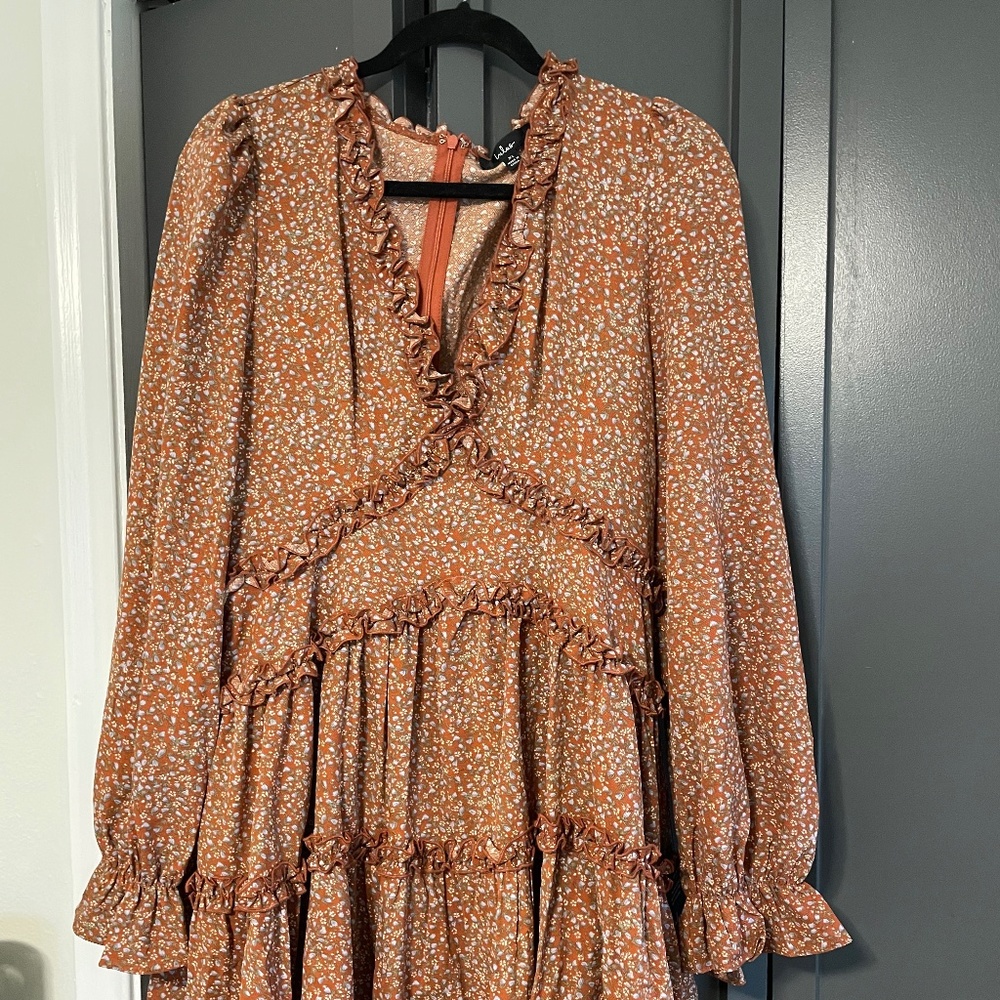 NWOT Women’s Lulu Admire You Orange Floral Print Ruffled Long Sleeve Mini Dress